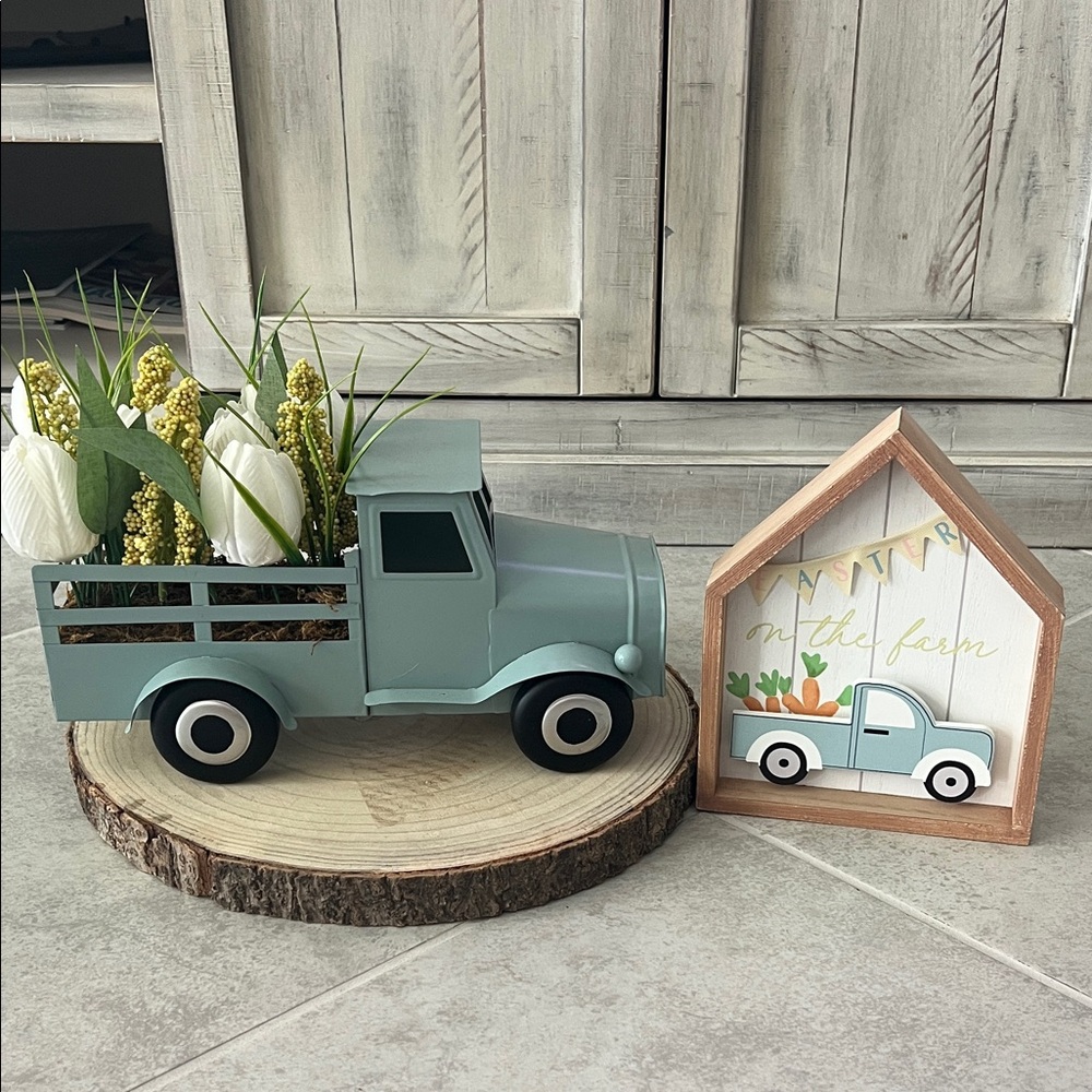 • Decorative metal Blue Truck with Flowers + Easter on the farm wooden sign •